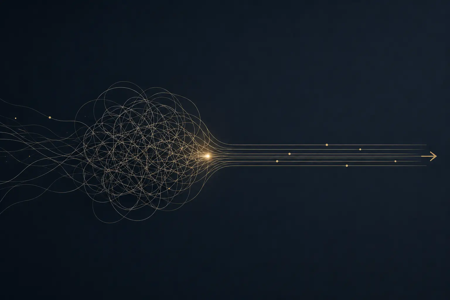 Abstrakte Grafik: links ein goldenes Linienknäuel auf dunklem Grund, das sich nach rechts zu parallelen Linien und einem Pfeil ordnet – Symbol für den Weg von chaotischer IT zu klarer Richtung
